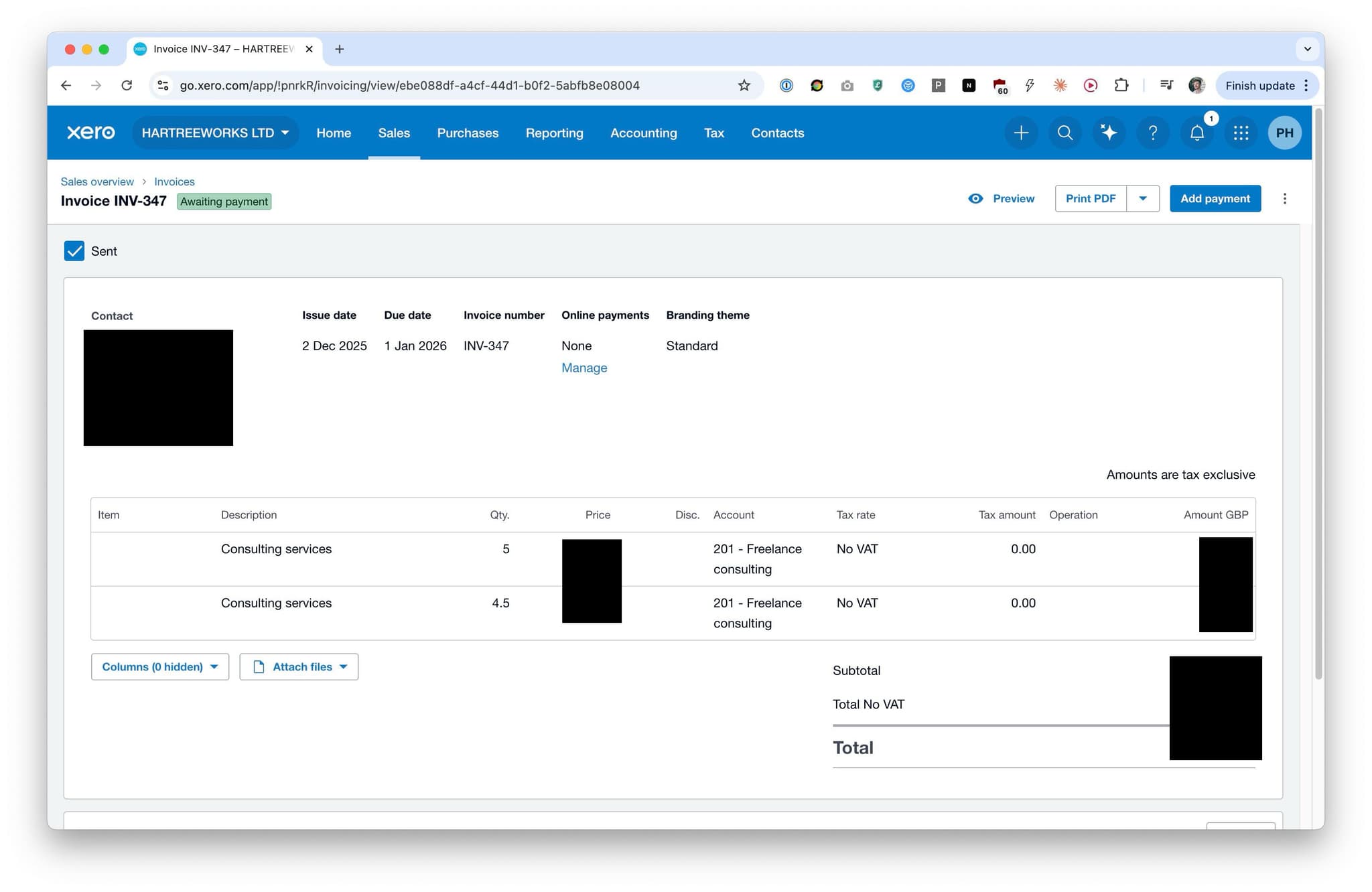A Xero invoice created by Claude