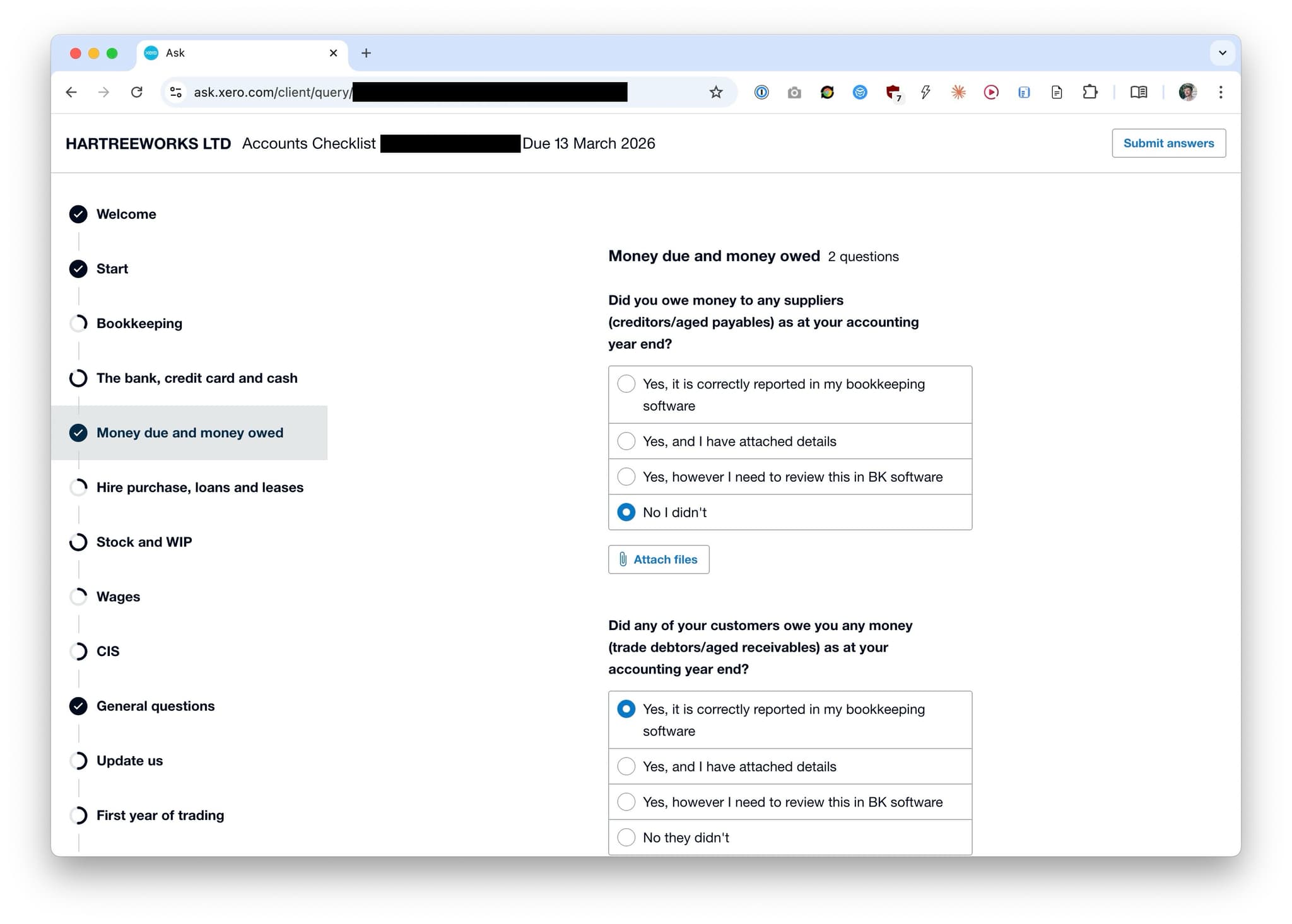 Xero accounts questionnaire