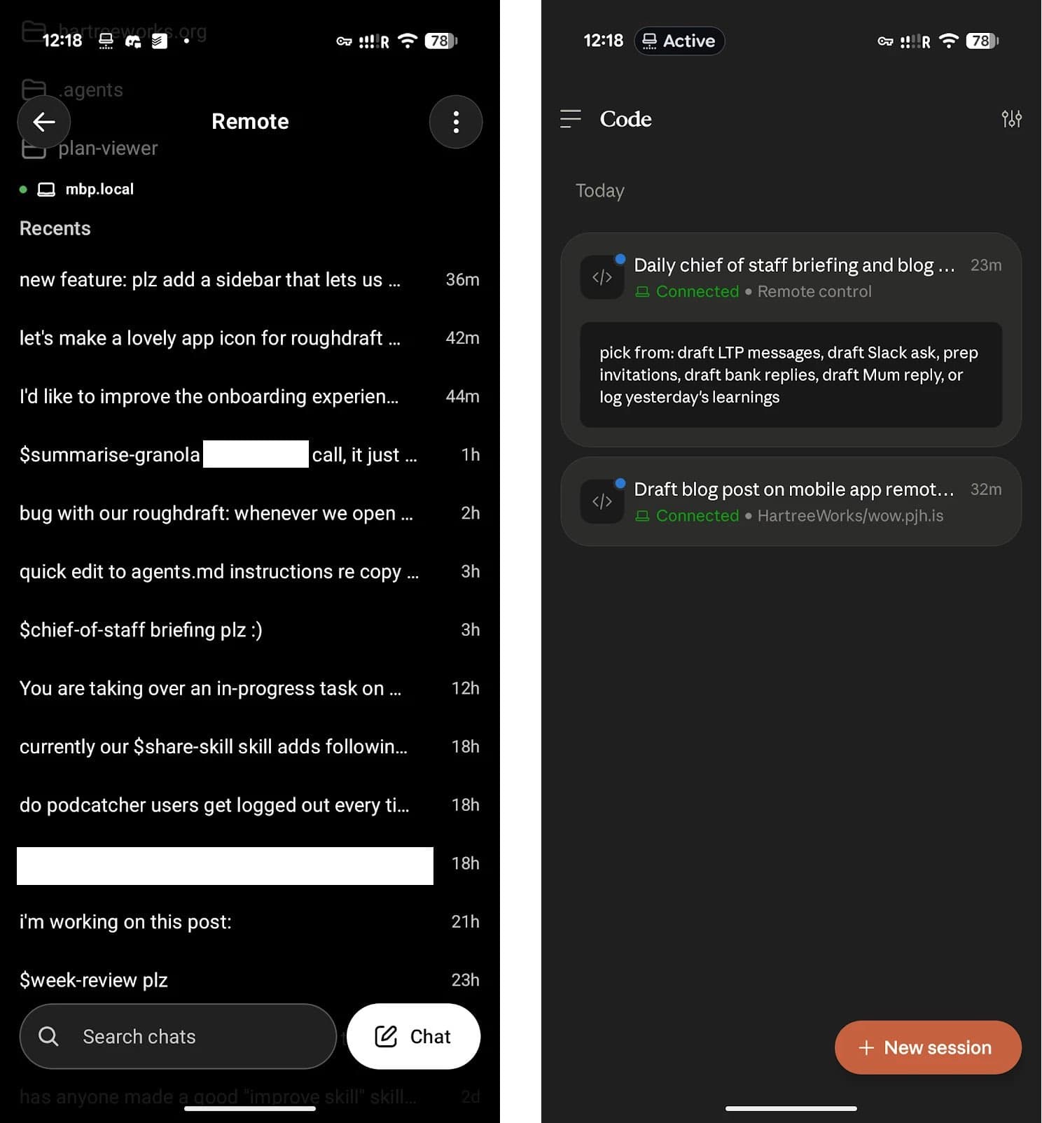 Two phone screenshots side by side: the Claude mobile app's Code tab listing two connected Claude Code sessions, and the ChatGPT mobile app's Remote screen listing recent Codex sessions on mbp.local