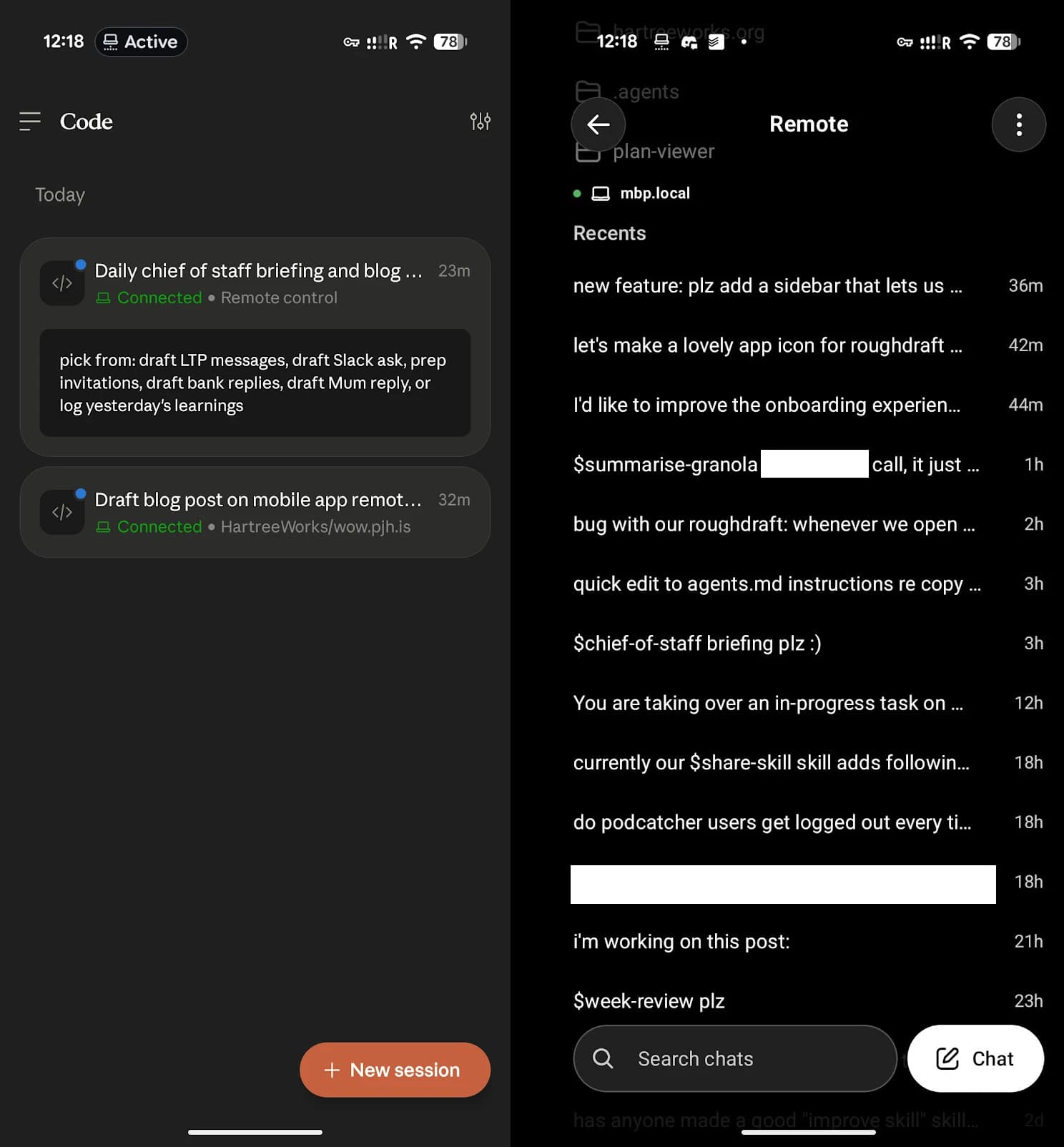 Two phone screenshots side by side: the Claude mobile app's Code tab listing two connected Claude Code sessions, and the ChatGPT mobile app's Remote screen listing recent Codex sessions on mbp.local