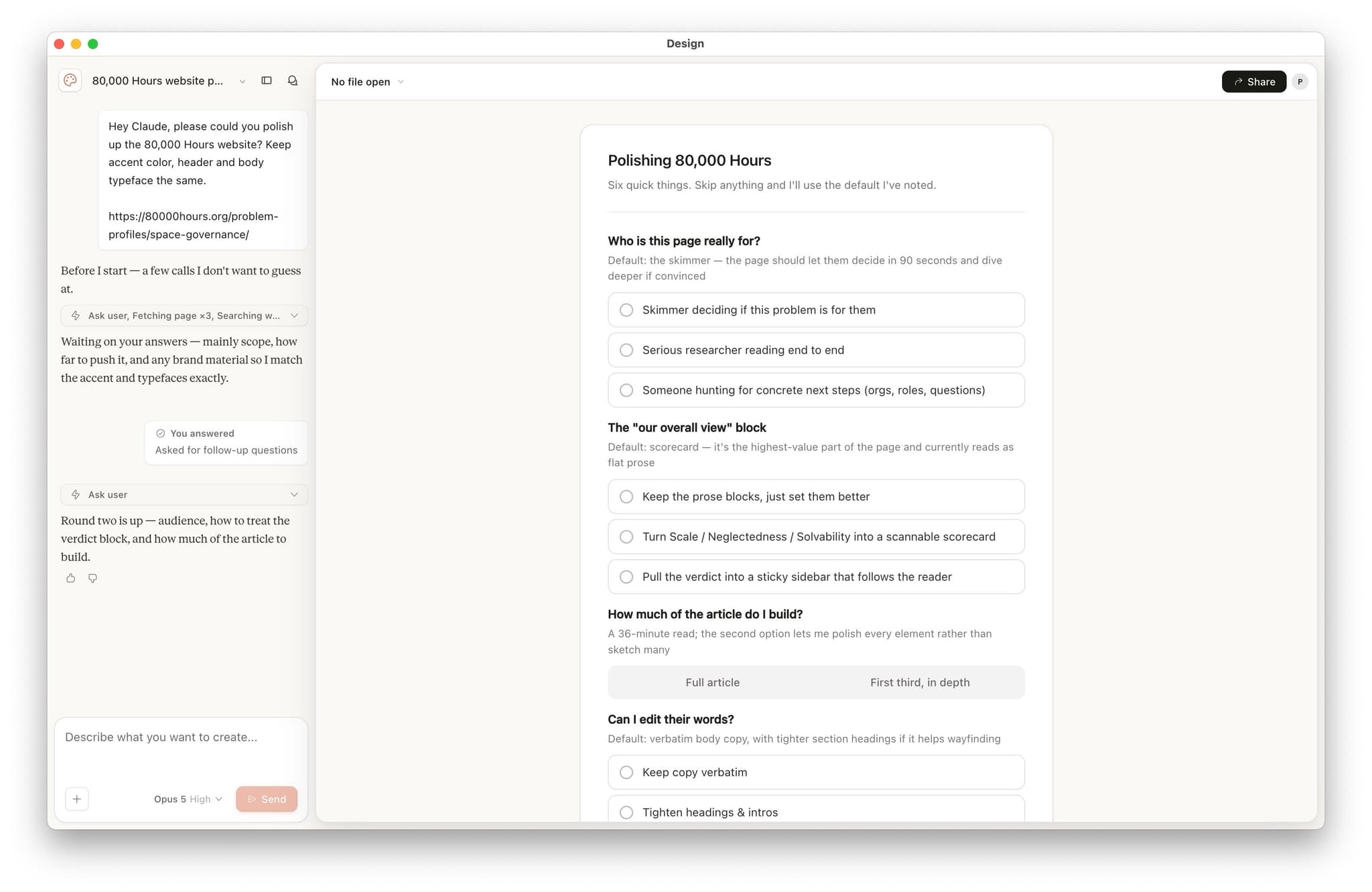 Claude Design asking six clarifying questions about the 80,000 Hours page—who it is for, how to treat the 'our overall view' block, how much of the article to build, and whether it may edit the copy—each with multiple-choice options and a noted default