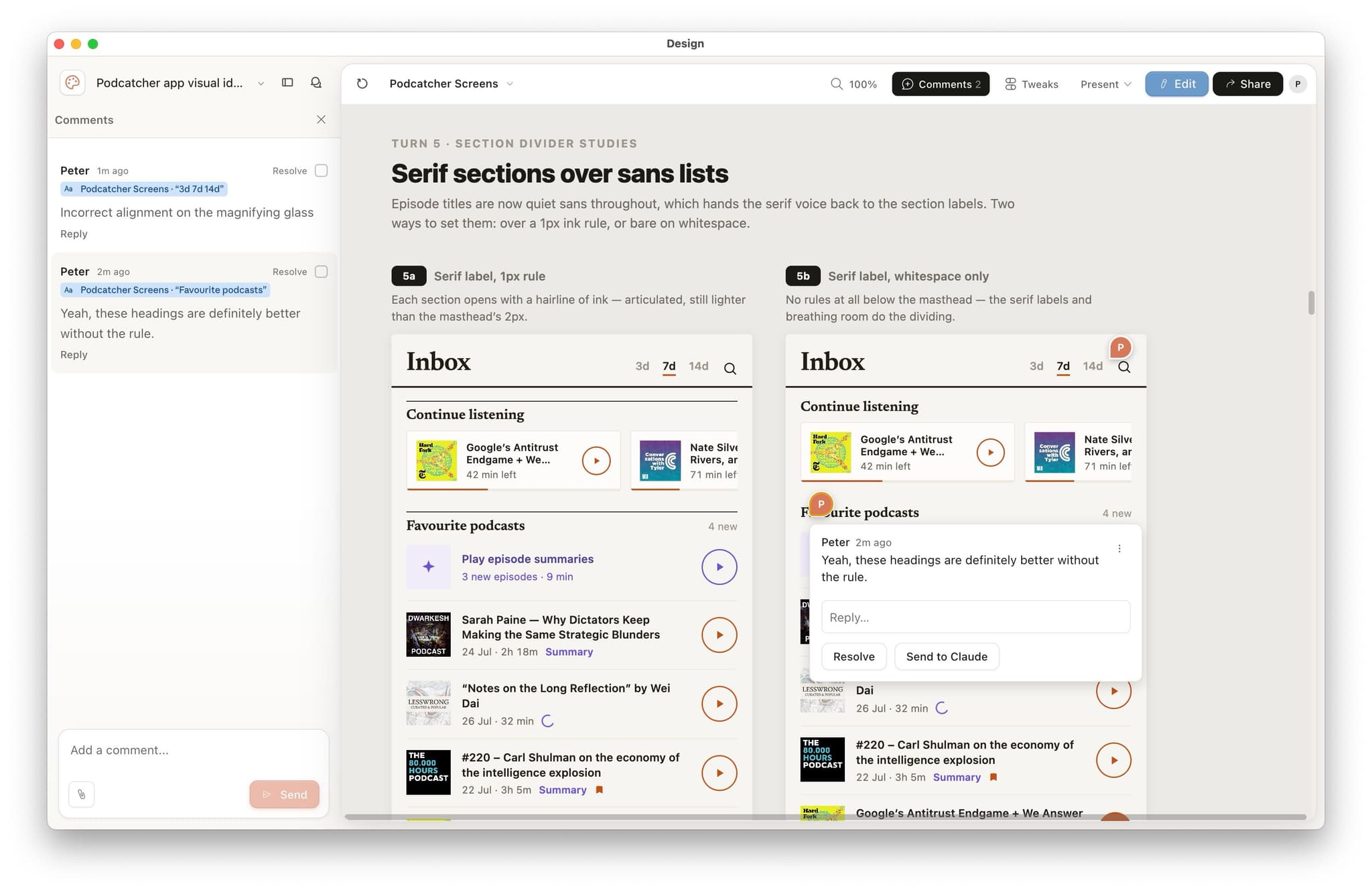 Two Inbox mock-ups comparing serif section labels with and without a hairline rule, with comments pinned to the canvas