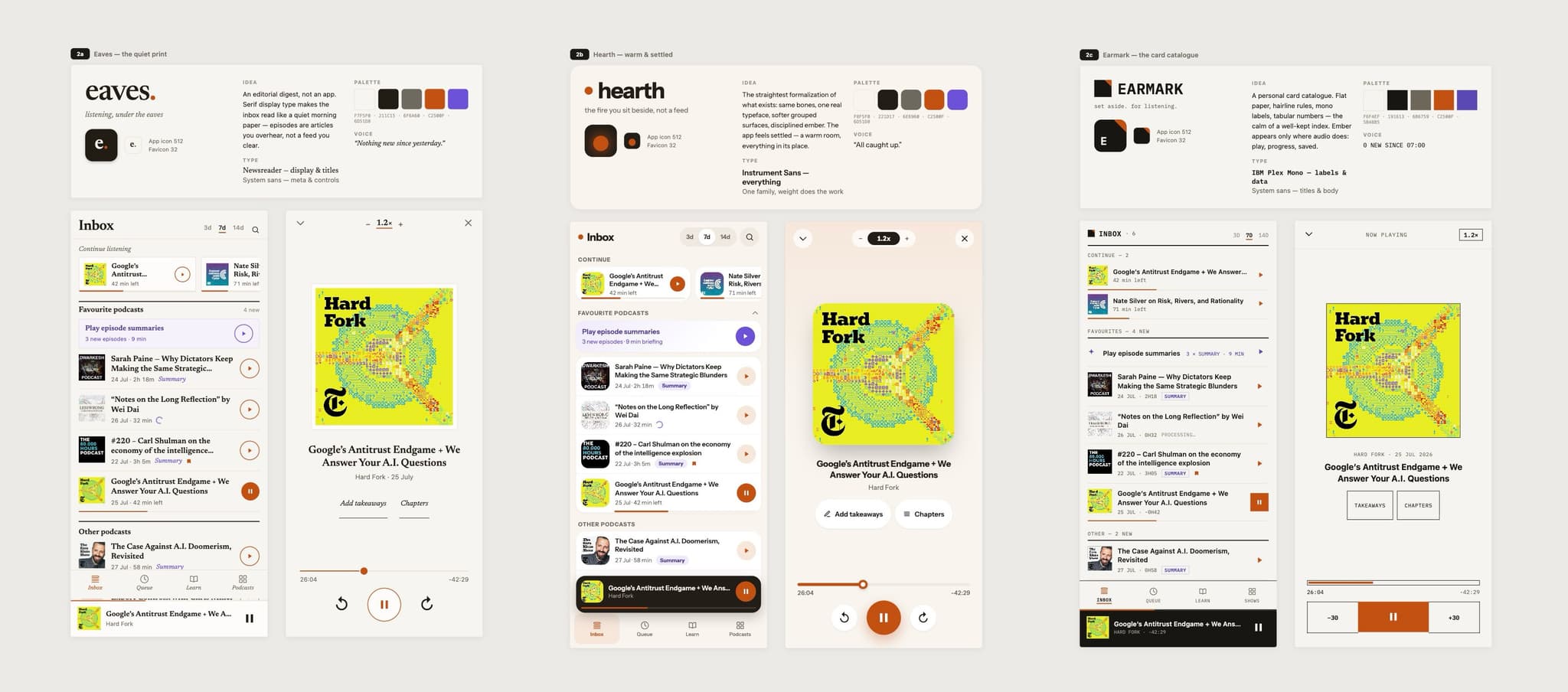 Three identity concept boards—Eaves, Hearth, and Earmark—each with a brand card, palette, typography notes, and mocked-up inbox and player screens