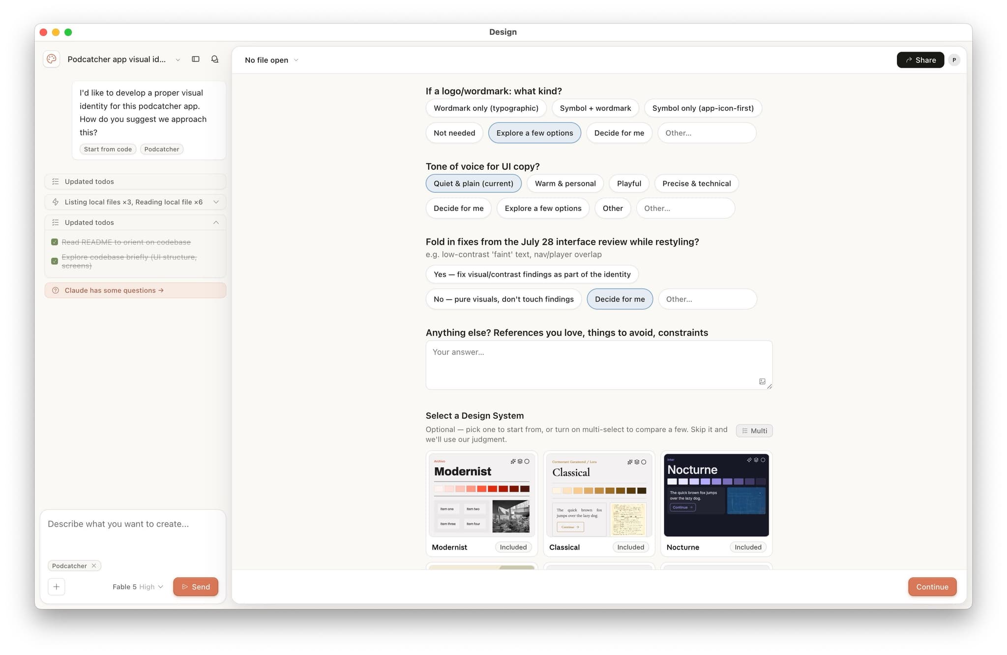Design system picker showing Modernist, Classical, and Nocturne options