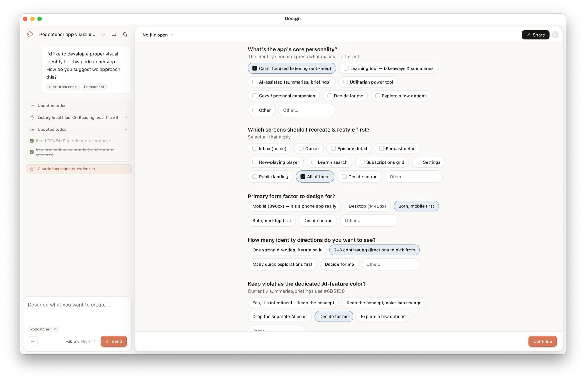 Intake questions about the app's core personality, screens to restyle, form factor, and how many identity directions to explore