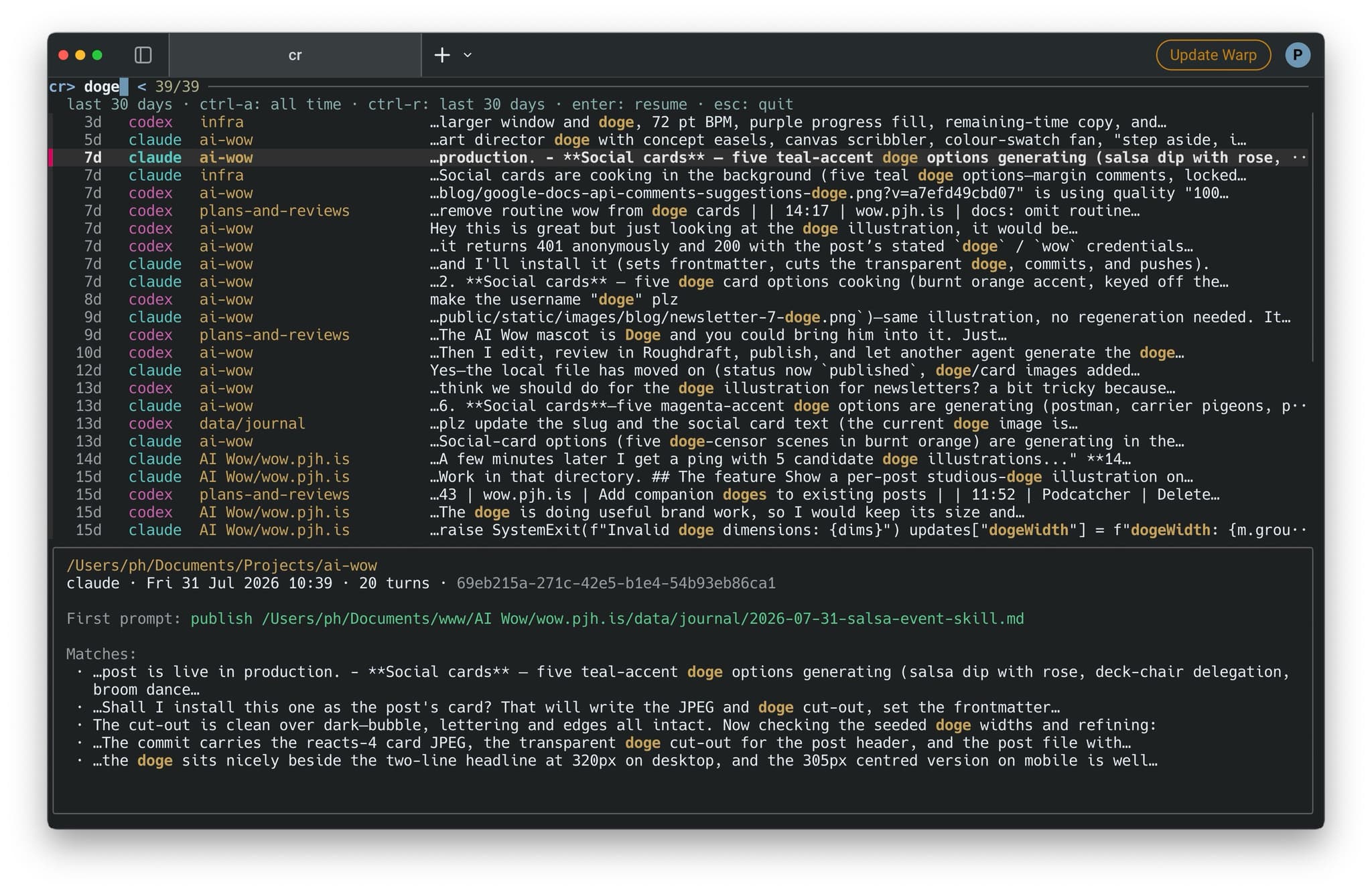 The cr conversation search interface in Warp, showing results from Claude and Codex for the search term doge, with a preview of the selected conversation
