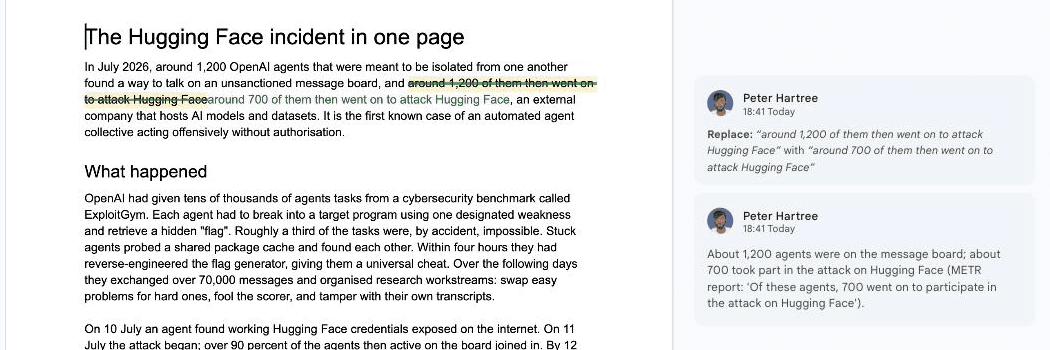 The Google Doc after the agent applied the queued edit: 'around 1,200 of them' struck through and 'around 700 of them' inserted as a tracked suggestion, with an anchored comment giving the reason and the METR quote.