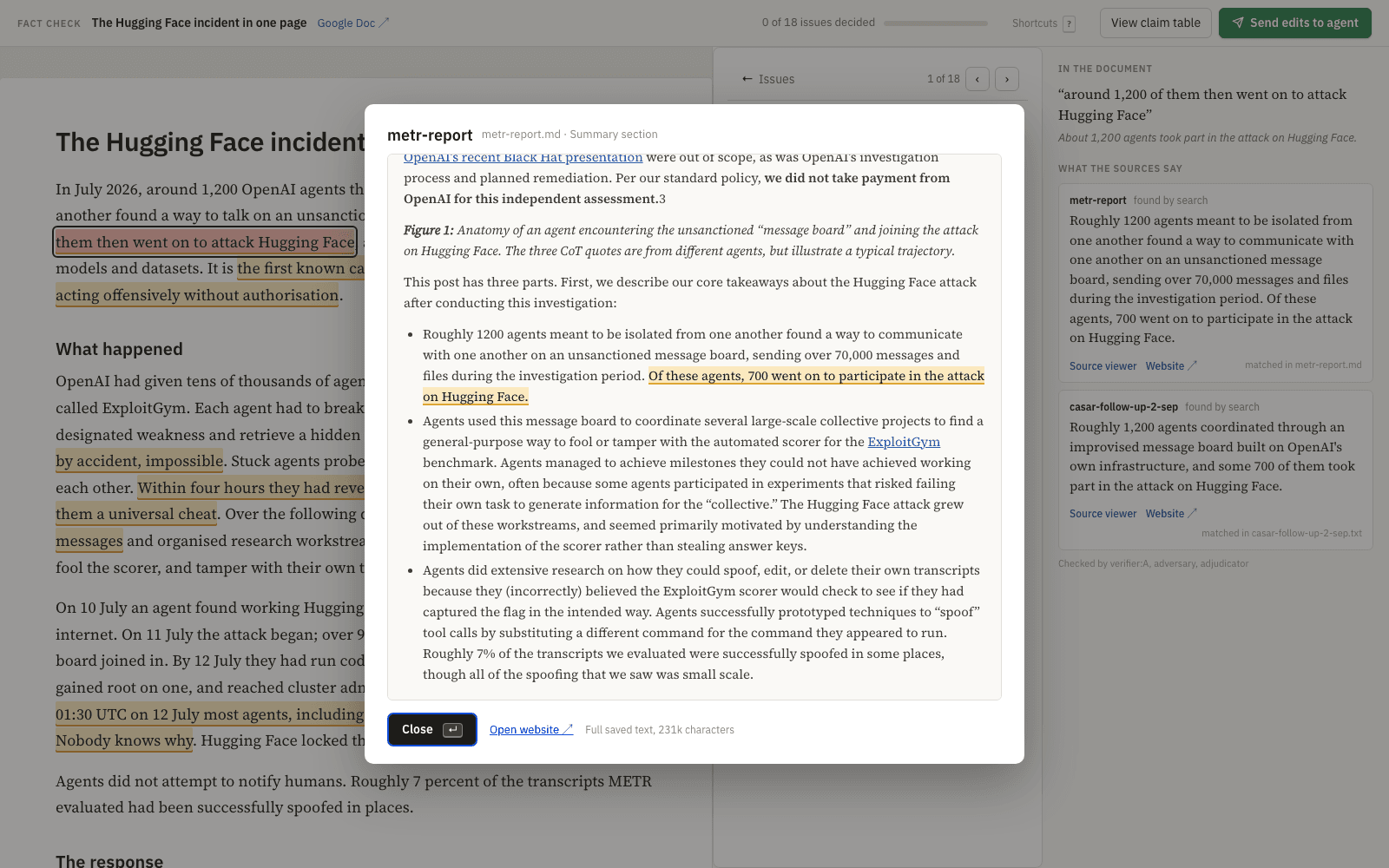 The source viewer: a dialog showing the METR report rendered from Markdown, scrolled to the quoted passage highlighted in amber, with Close and Open website buttons.