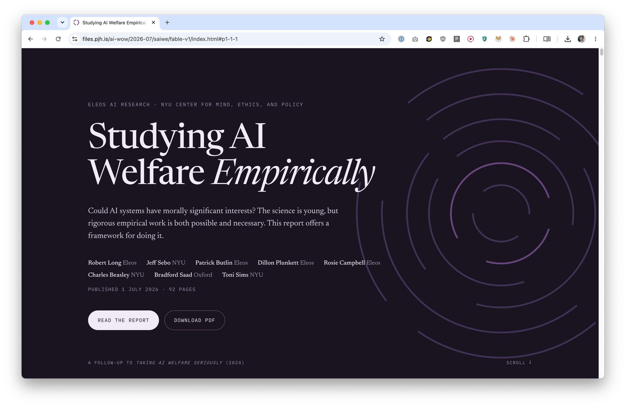 Landing page for Studying AI Welfare Empirically, with the paper title, authors and links to read the report or download the PDF