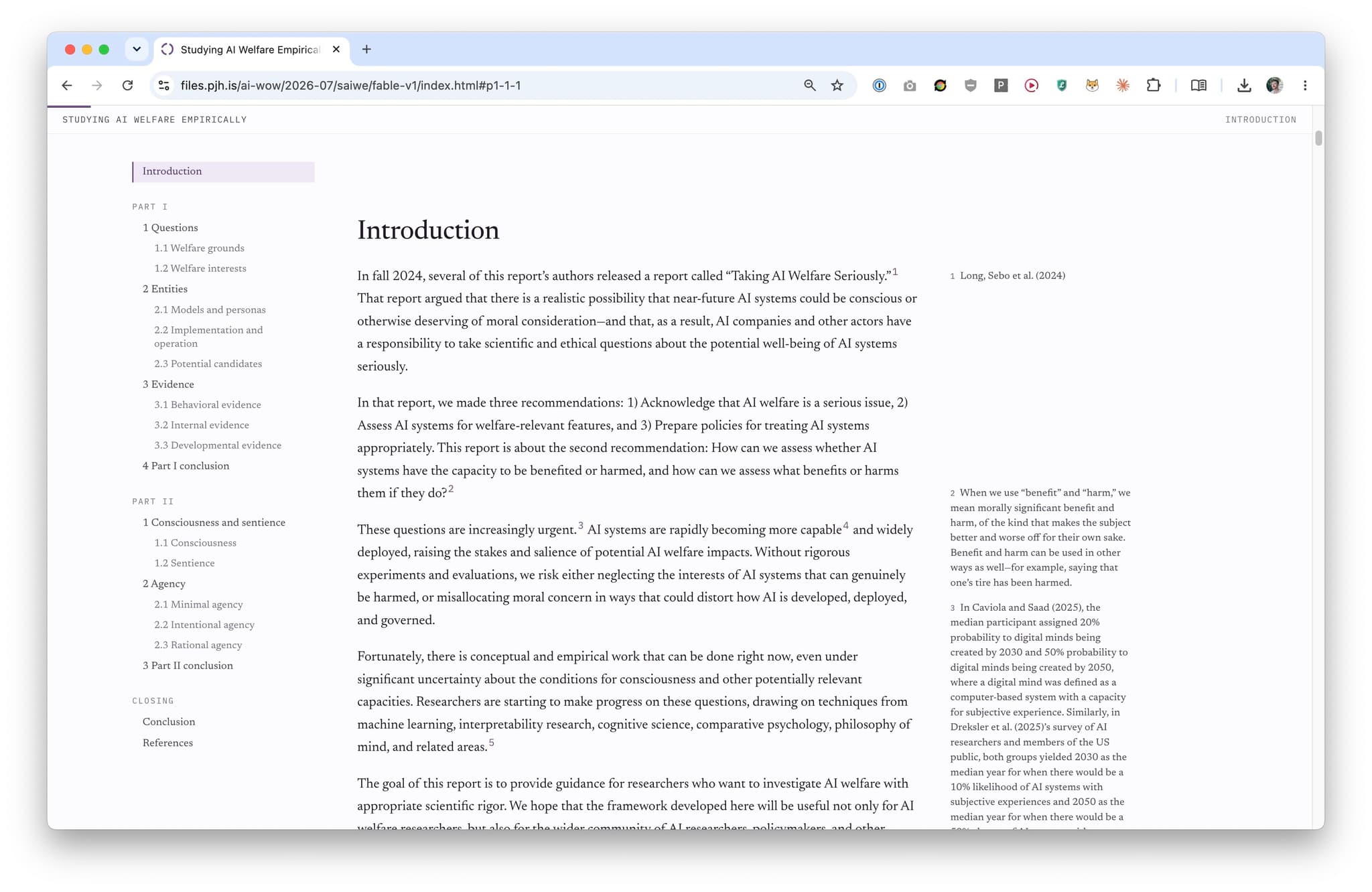 The paper reader showing the introduction, a table of contents on the left and footnotes on the right