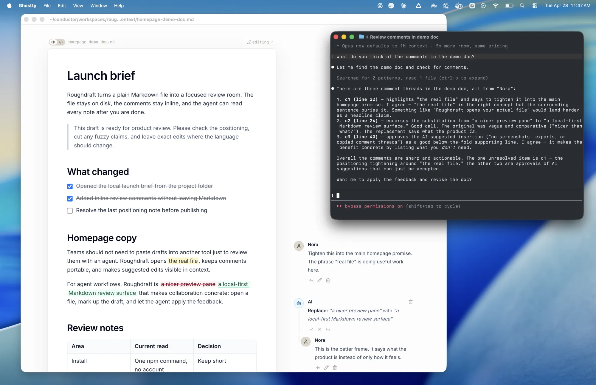 The Roughdraft markdown editor showing a document with inline comments and suggested edits