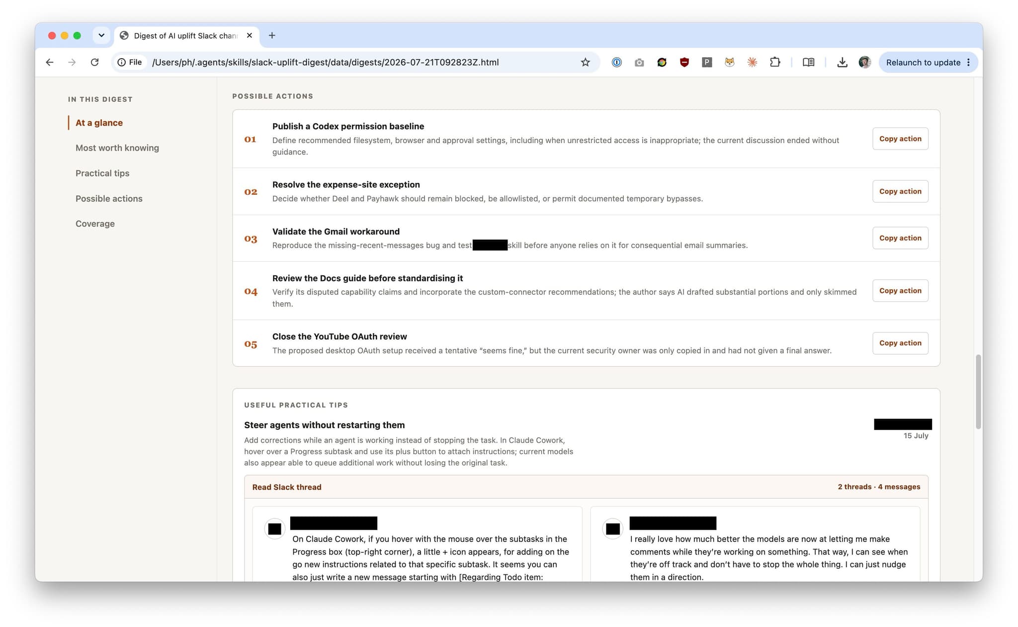 AI uplift digest showing possible actions, practical tips and channel coverage