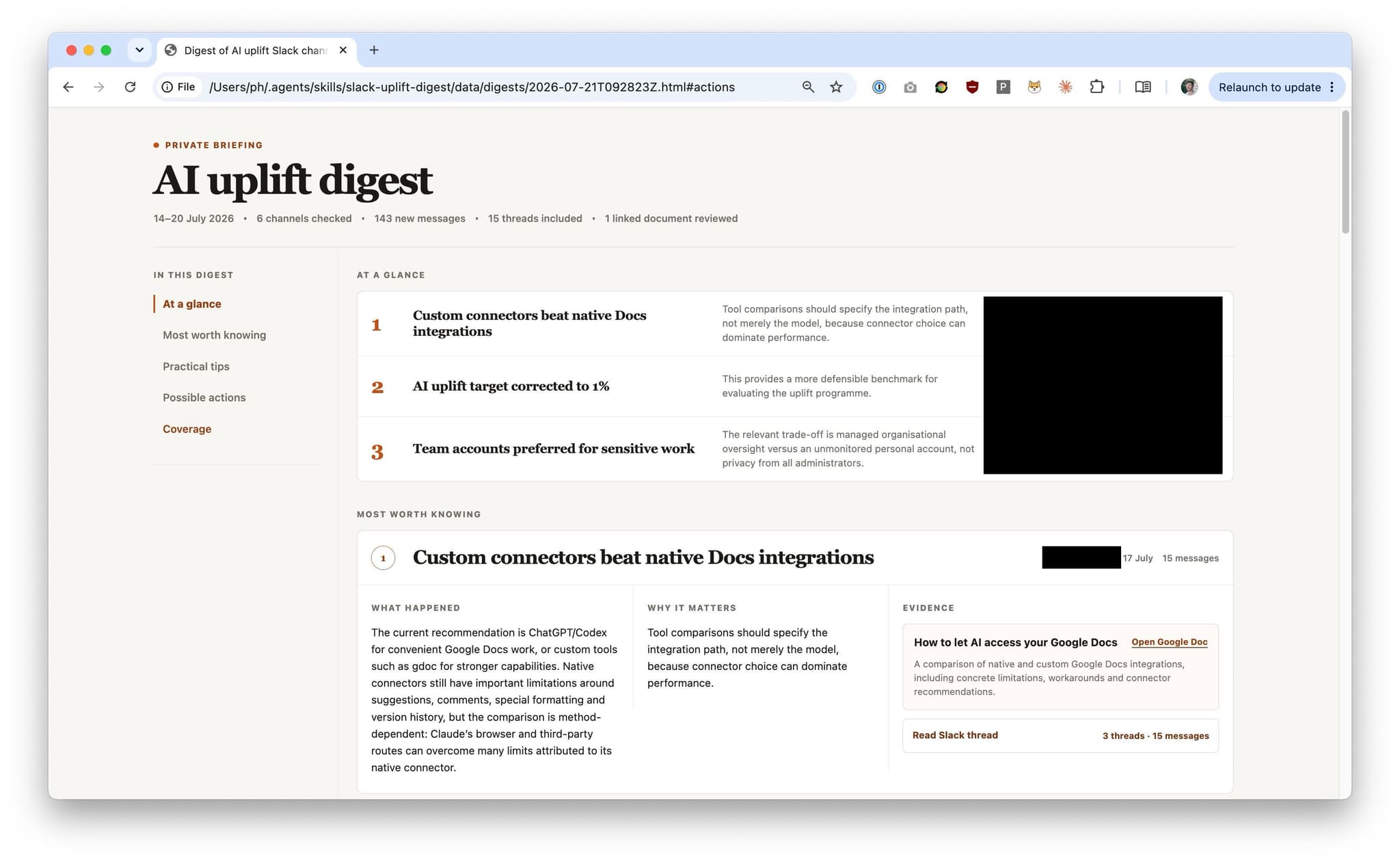 AI uplift digest overview with key items and a detailed briefing card