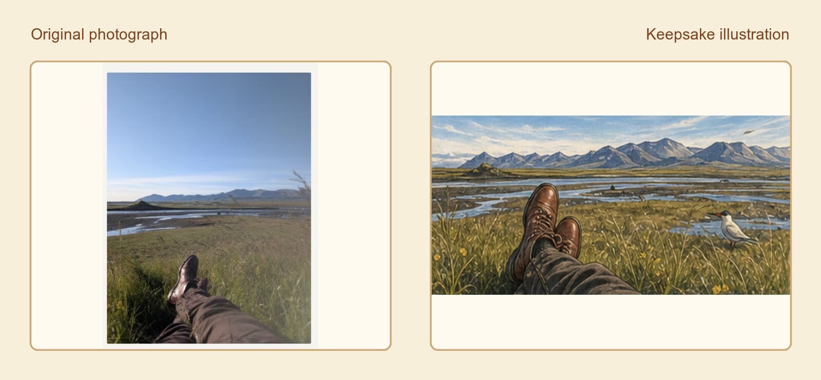 The original photograph of boots in Icelandic grass beside the keepsake illustration it inspired